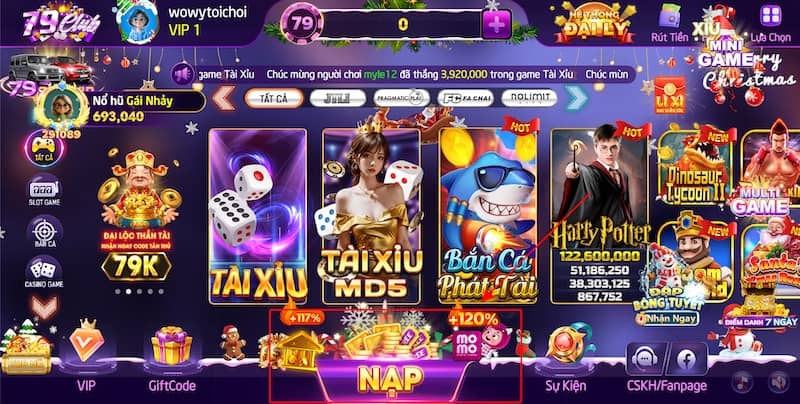 Nhấn nạp tiền tại giao diện chính của 79club